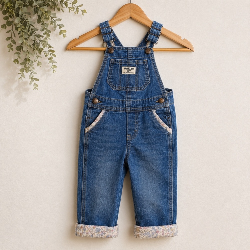 OshKosh Bgosh Toddler Girls Floral Trim Denim Bib Overalls Blue 2T 2A